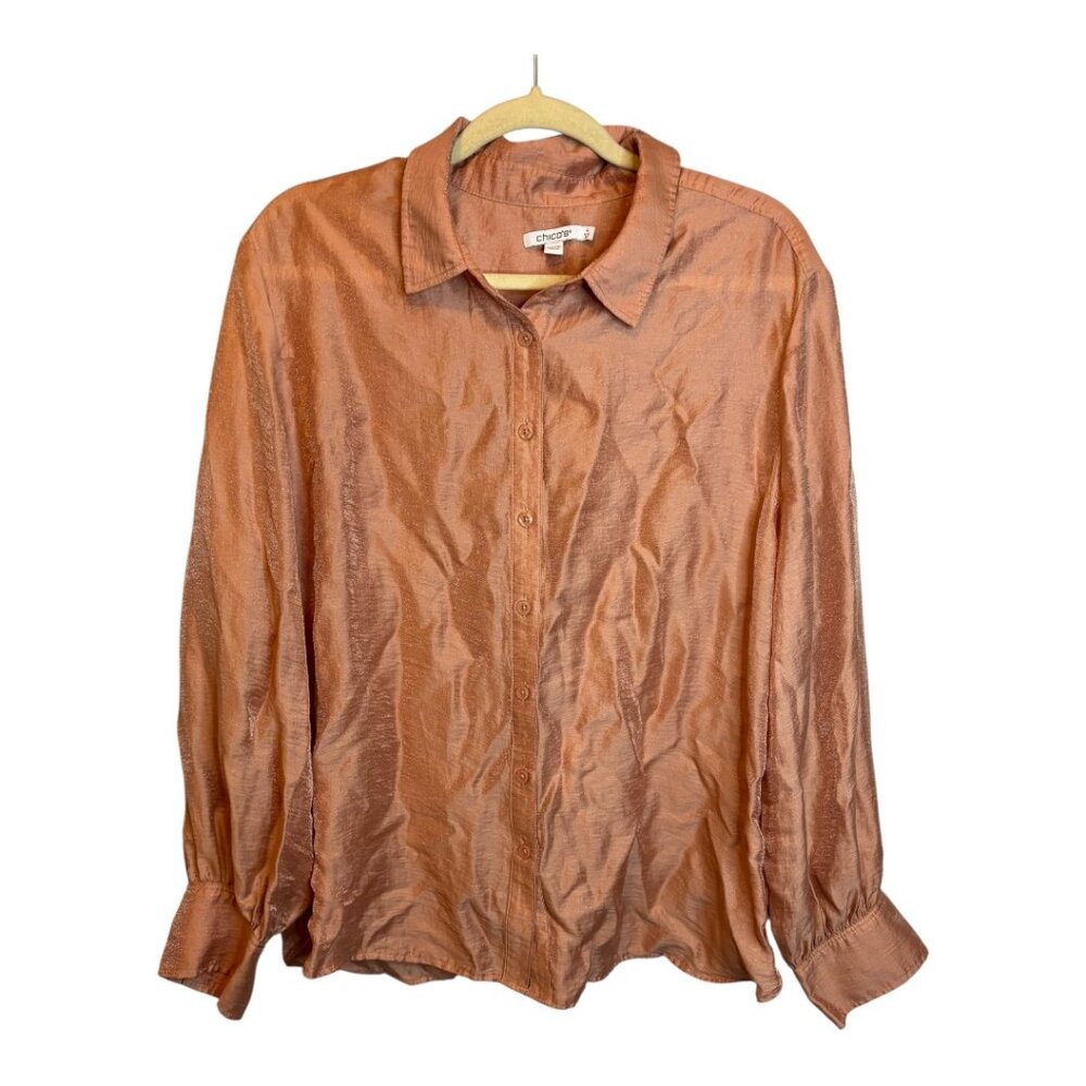 Chico's‎ Blouse Women's Size 2X Long Sleeve Shiny Button Down Pink Chicos 4